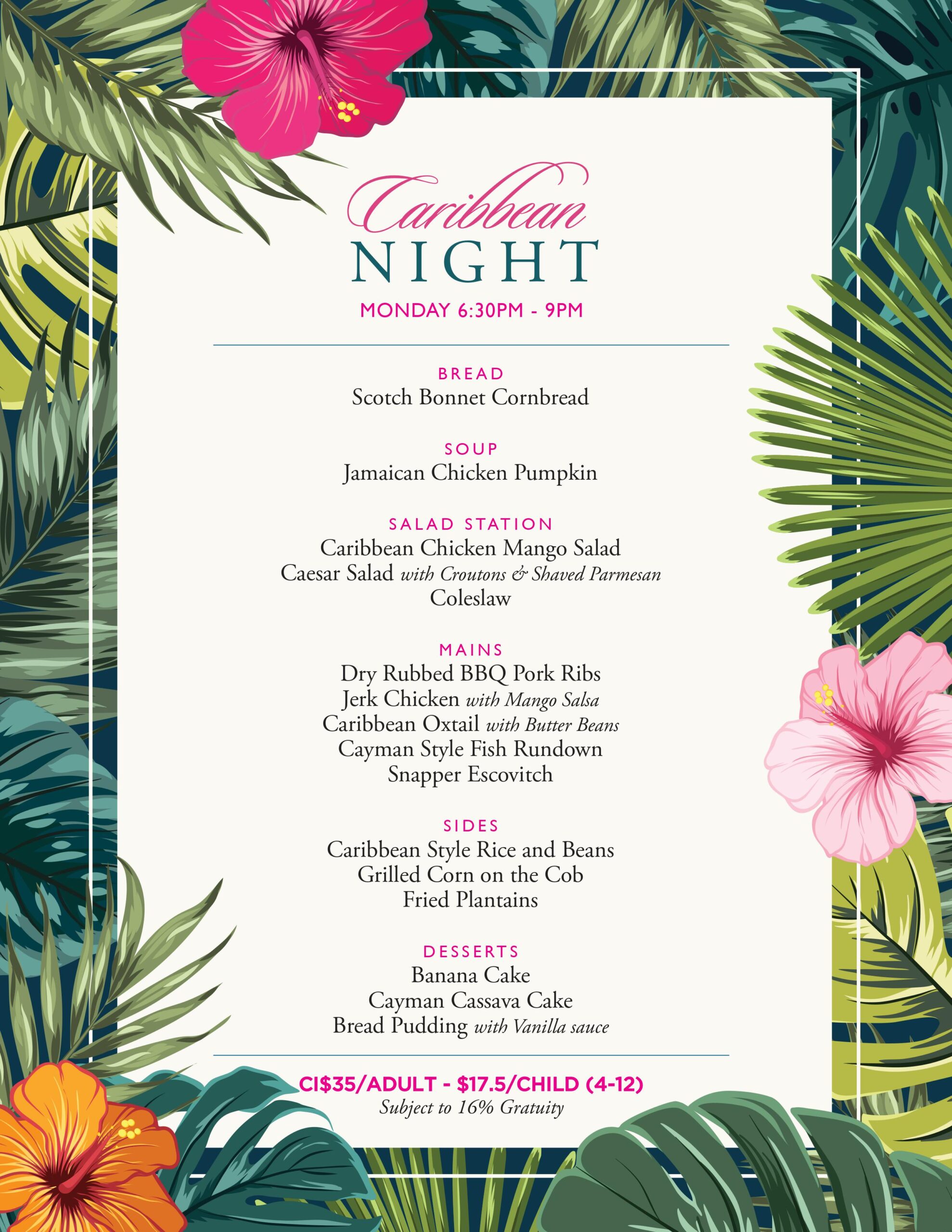 Monday Caribbean Night Menu